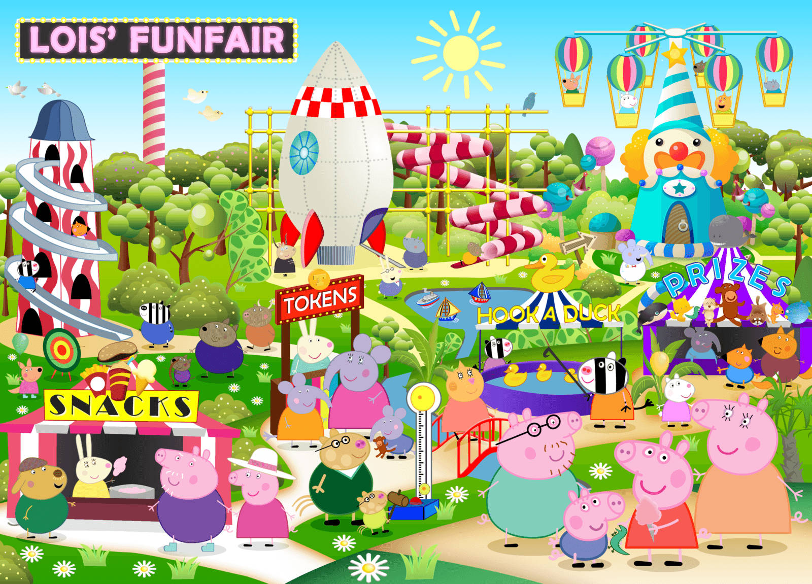 Peppa Pig 角色在色彩繽紛的卡通遊樂場中，有遊樂設施和小吃。