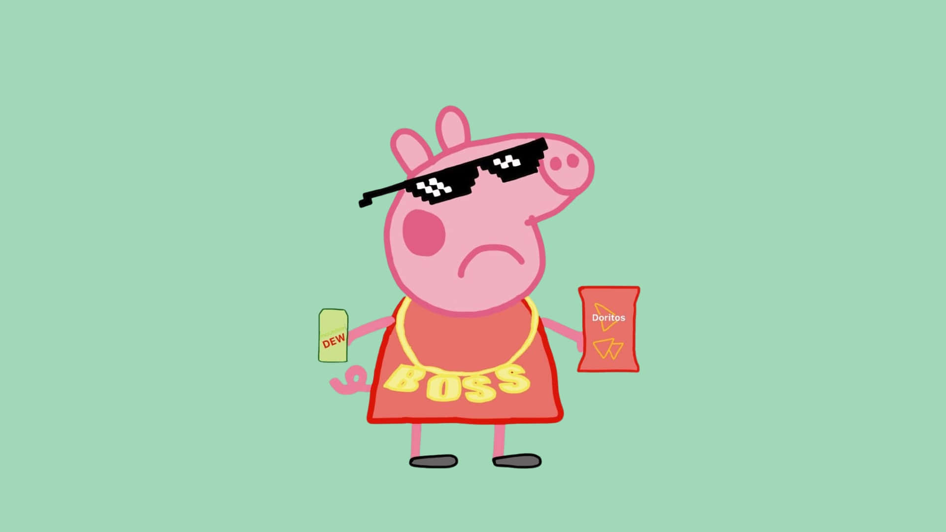  壁紙 — Peppa Pig 打扮成嘻哈大佬，戴住太陽眼鏡同金鏈，拎住汽水同一包Doritos，背景係薄荷綠色。