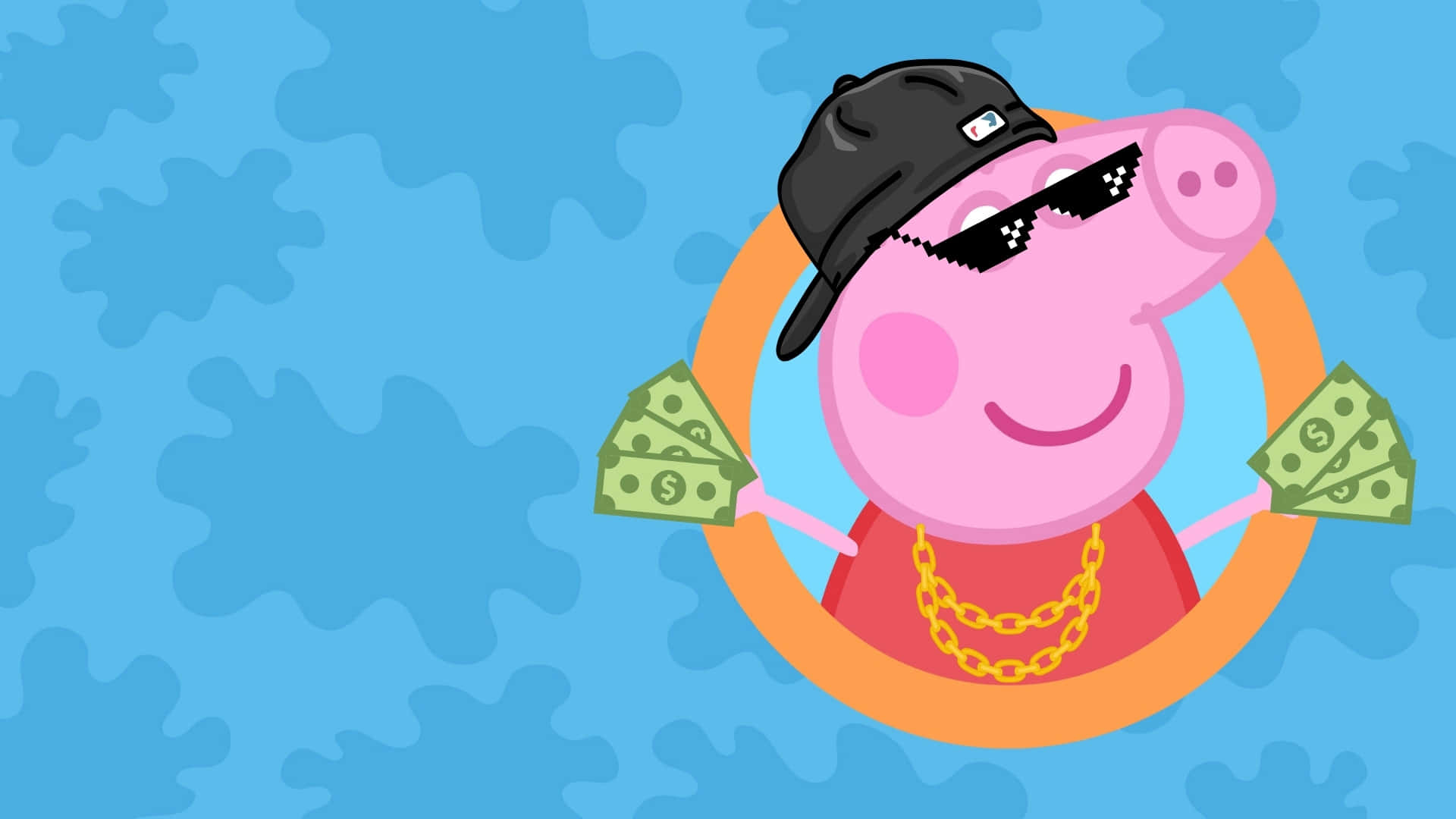  壁紙 — Peppa Pig 戴著黑色帽子和太陽眼鏡，拿著一疊疊美元鈔票，戴著金鏈，背景是藍色抽象圖案。