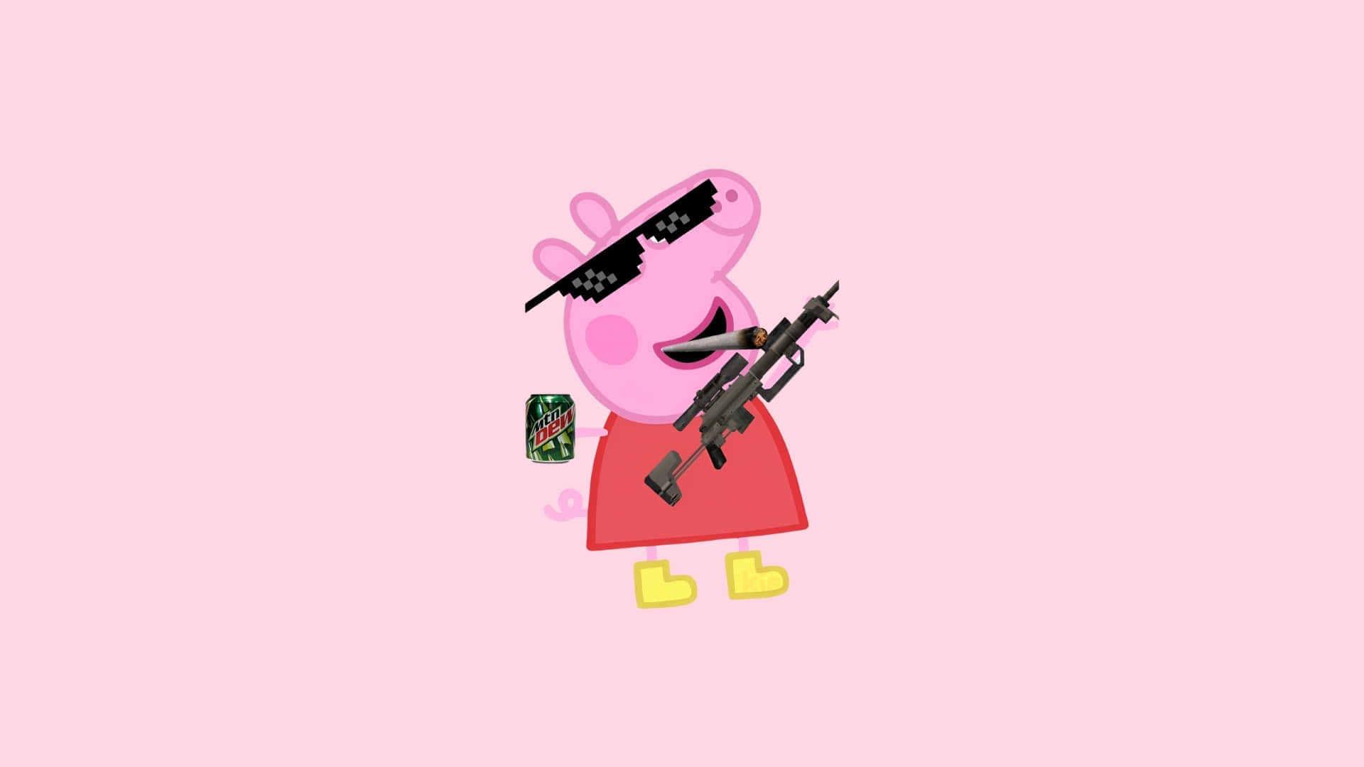  壁紙 — Peppa Pig 戴著像素化太陽眼鏡，手持步槍和Mountain Dew罐頭，背景為純粉紅色。