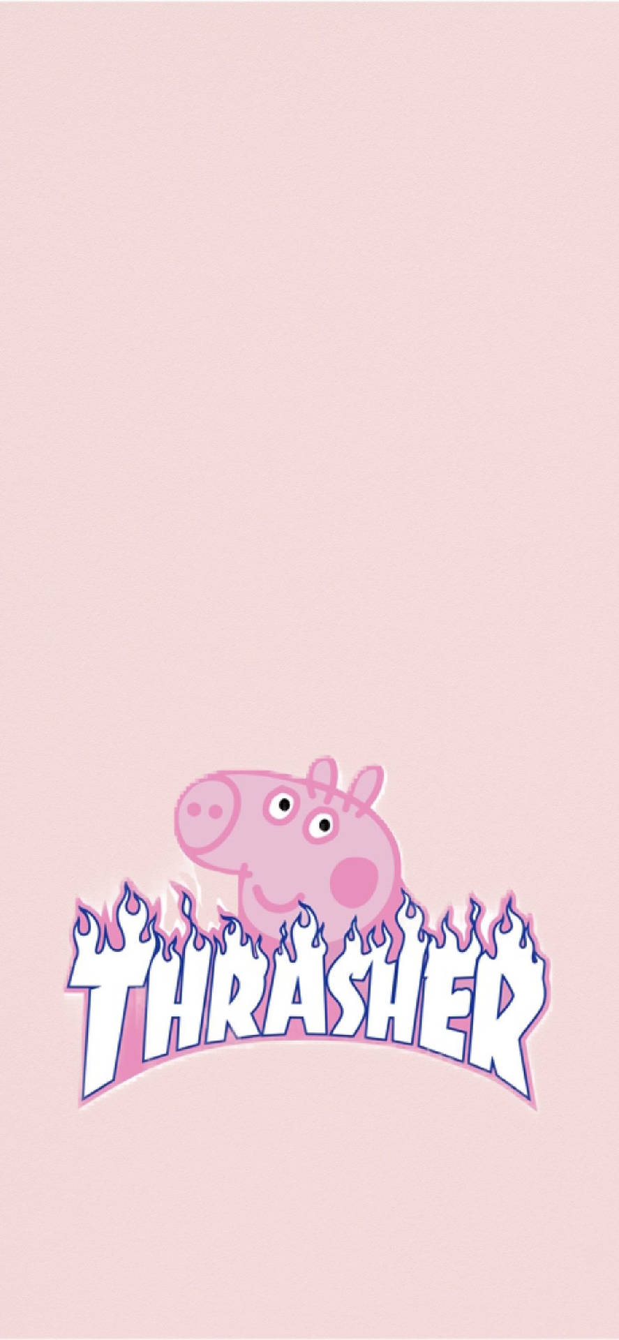 Peppa Pig 在粉紅色背景上，Thrasher 標誌後方有火焰。