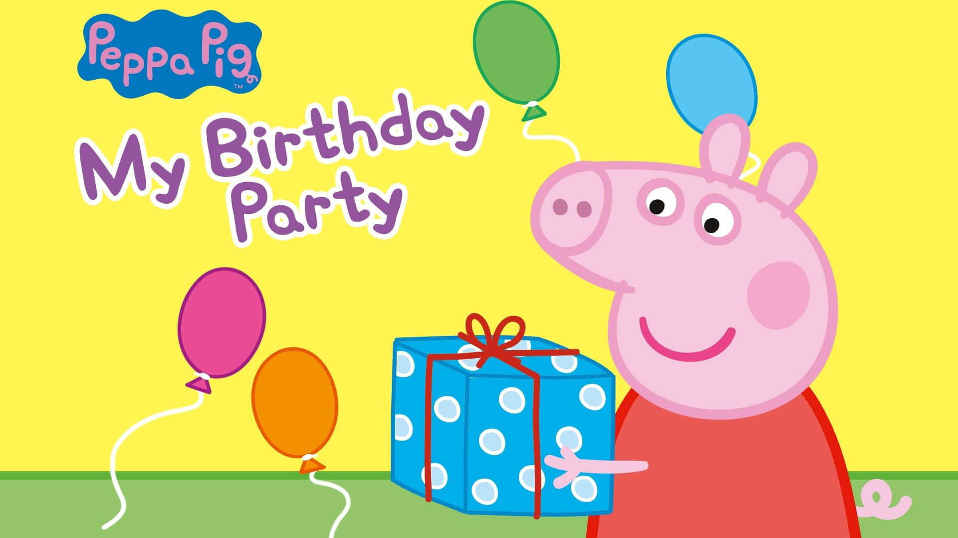 Peppa Pig 手持生日禮物，附近有彩色氣球漂浮。