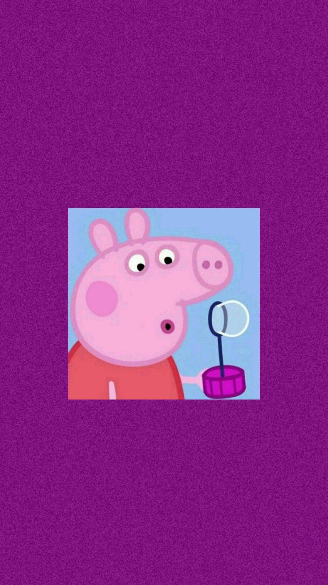 Peppa Pig 在紫色背景上拿著泡泡棒