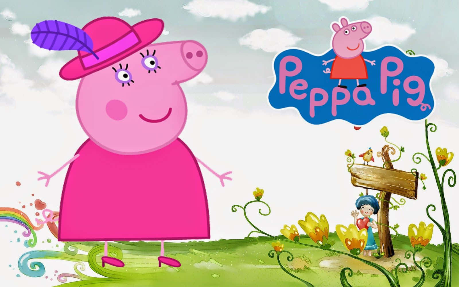 Peppa Pig 卡通角色穿著粉紅色連衣裙和帽子，在色彩繽紛的戶外場景中微笑。