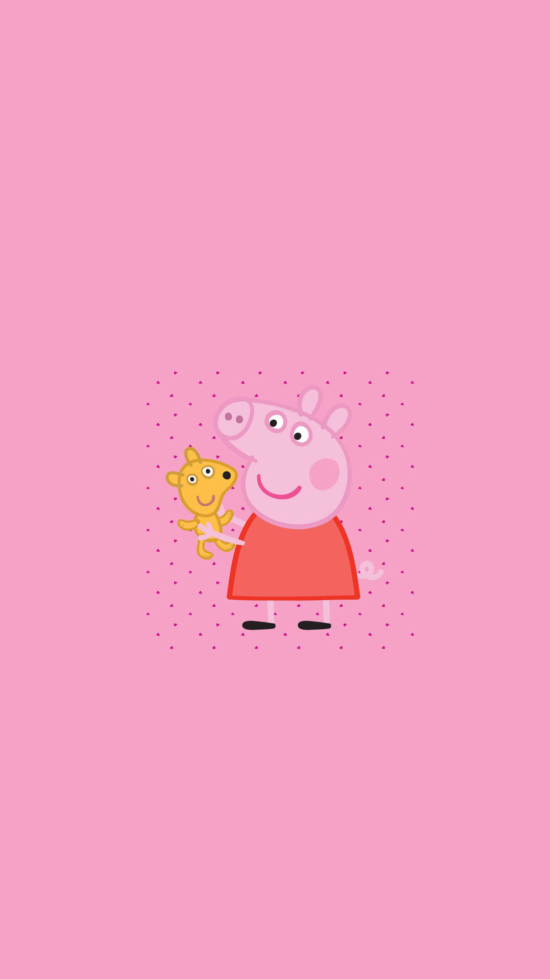 Peppa Pig 在粉紅色圓點背景上抱著她的黃色小狗。
