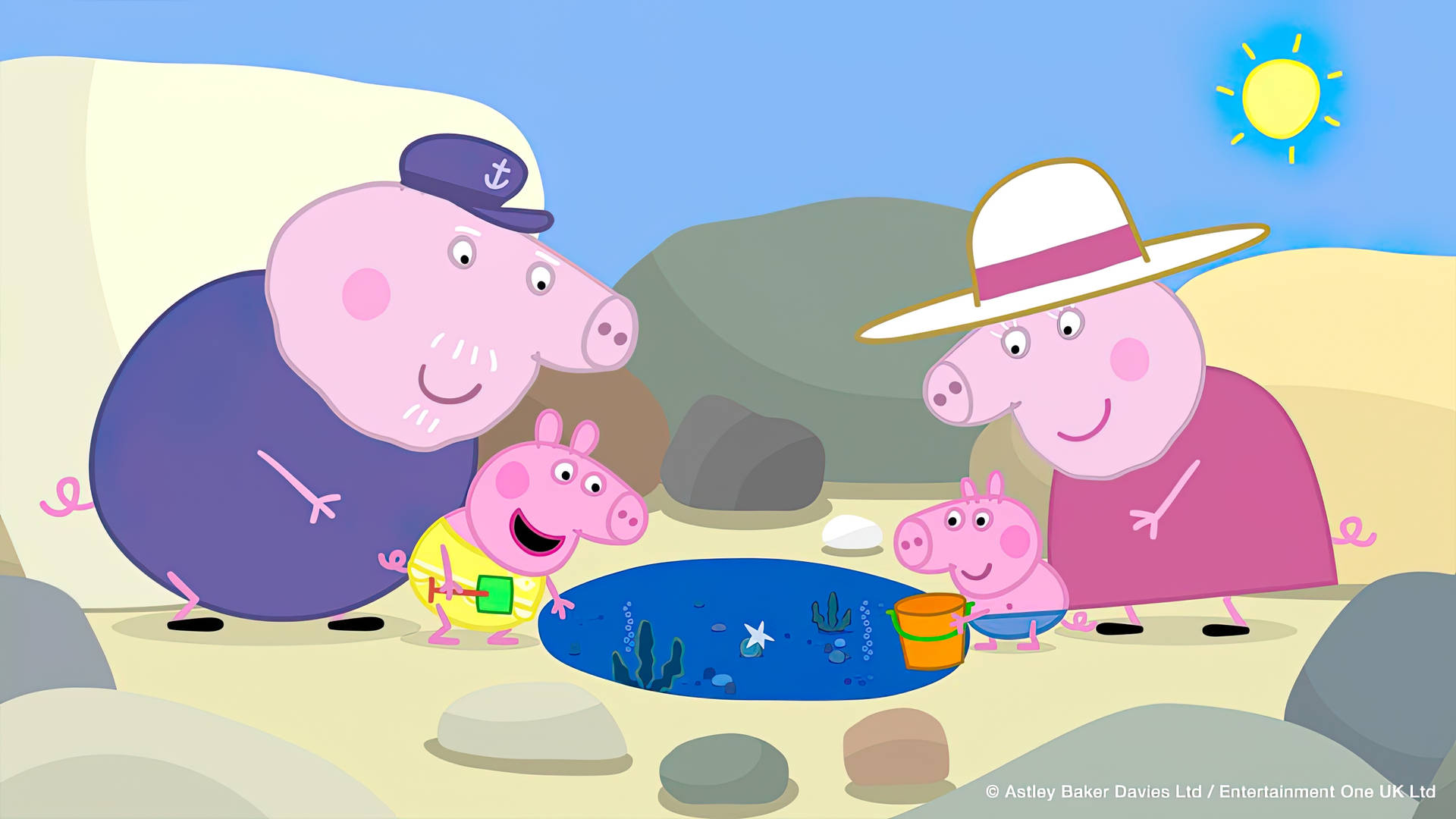 Peppa Pig 一家喺有細小水池嘅陽光海灘上享受美好時光。
