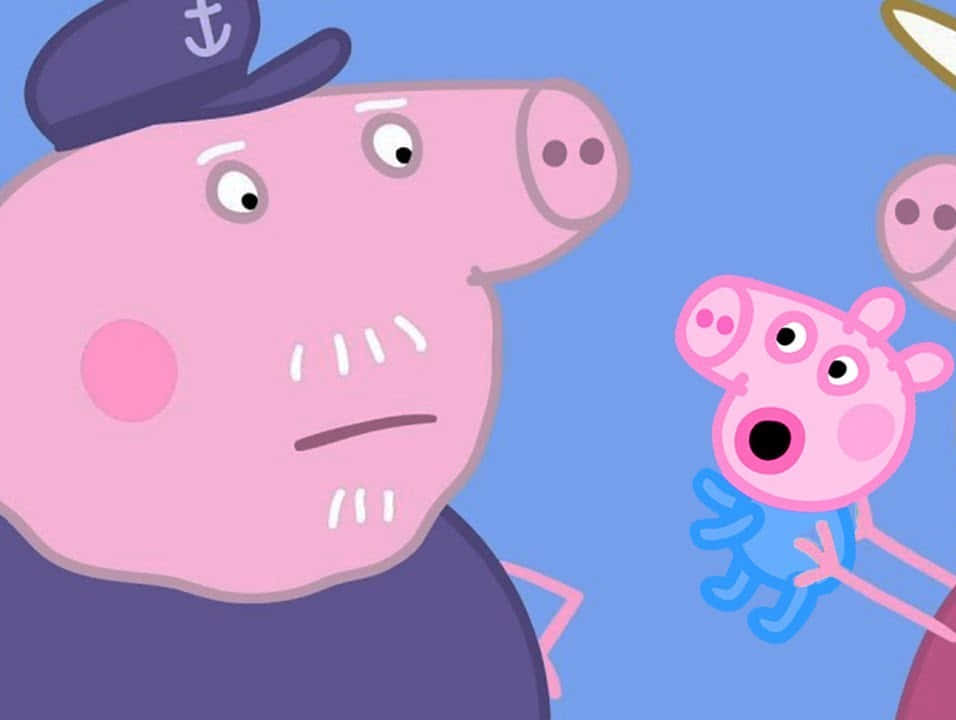 Grandpa Pig 桌布 壁紙 — Peppa Pig 同佢嘅家人喺卡通場景入面，Daddy Pig 戴住海軍藍帽，背景係明亮嘅藍色。