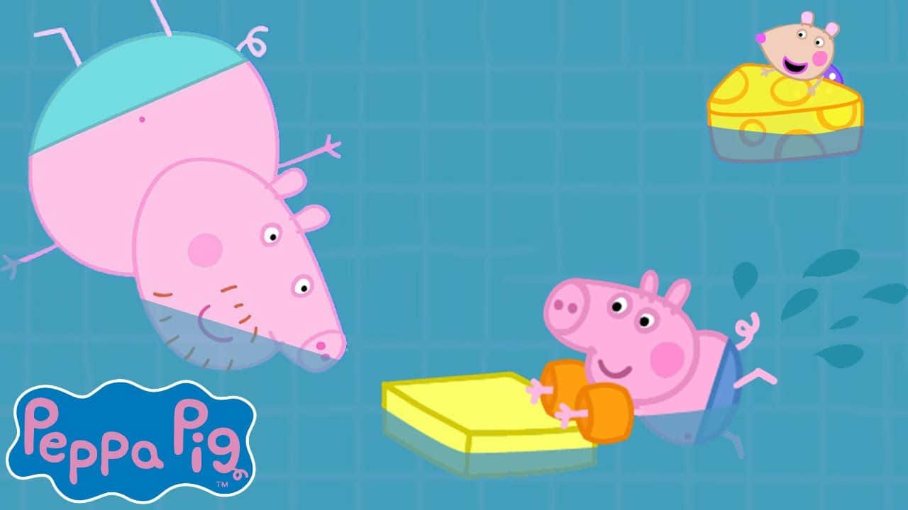 Grandpa Pig 桌布 壁紙 — Peppa Pig 同朋友喺瓷磚泳池入面開心游水，有浮動嘅黃色積木同埋玩水嘅水花。