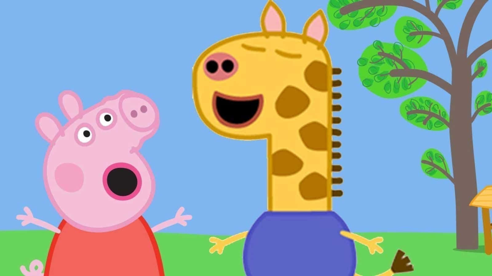 Freddy Fox 桌布 壁紙 — Peppa Pig 同一隻微笑嘅長頸鹿企喺一個明亮嘅綠色田野入面，喺晴朗嘅藍天底下，附近有棵樹。