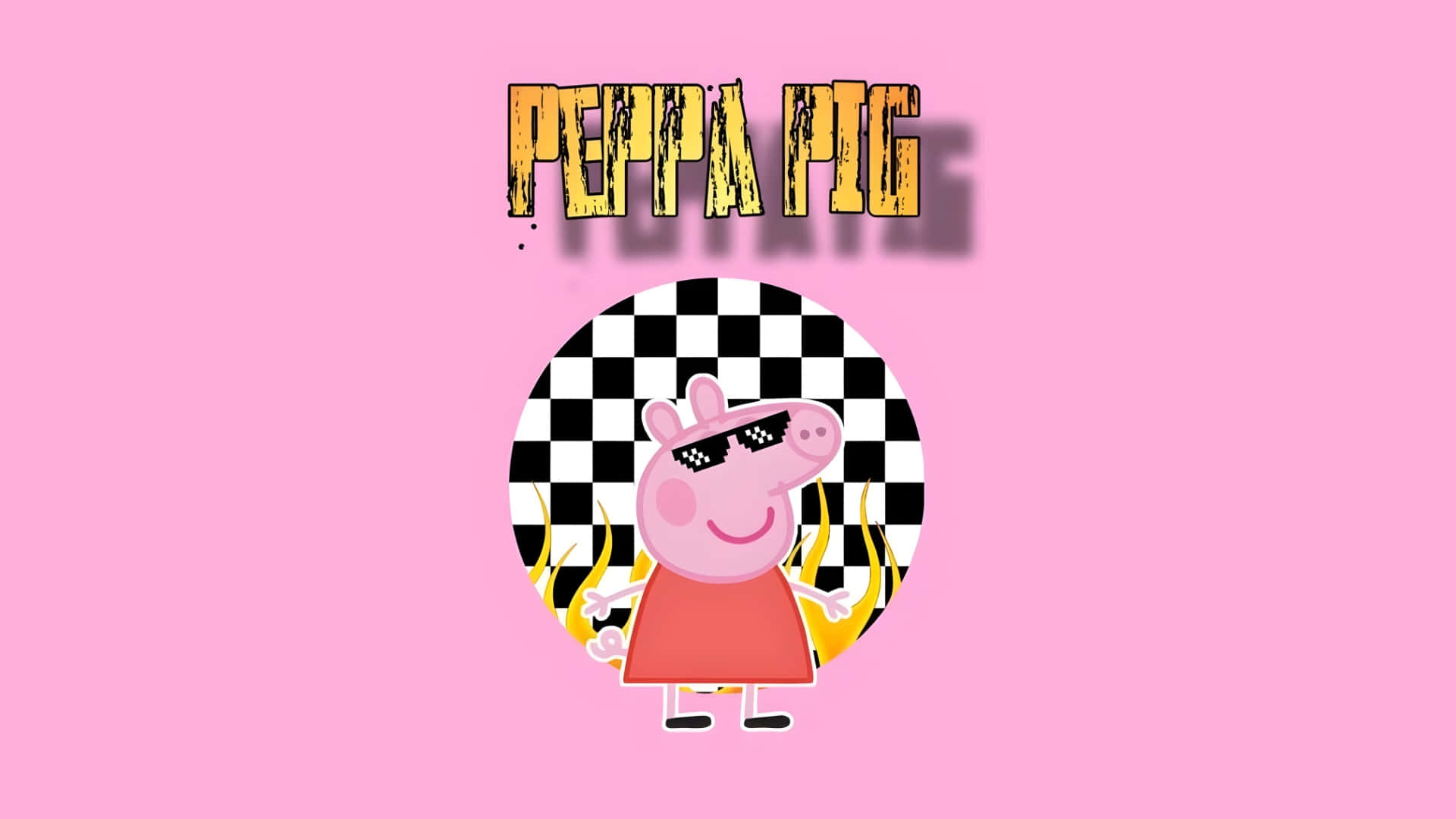  壁紙 — Peppa Pig 戴住太陽眼鏡企喺一個有火焰嘅格仔圓圈入面，背景係純粉紅色。