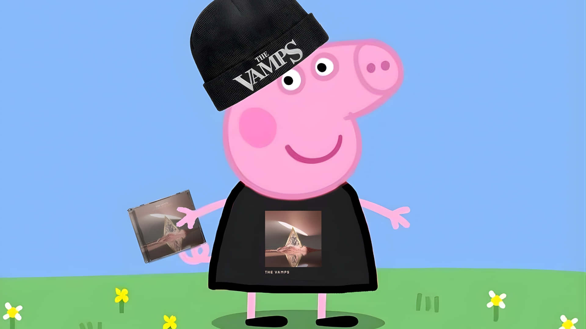  壁紙 — Peppa Pig 戴著黑色冷帽和T恤，拿著The Vamps CD，背景是藍天和帶有黃花的綠草。