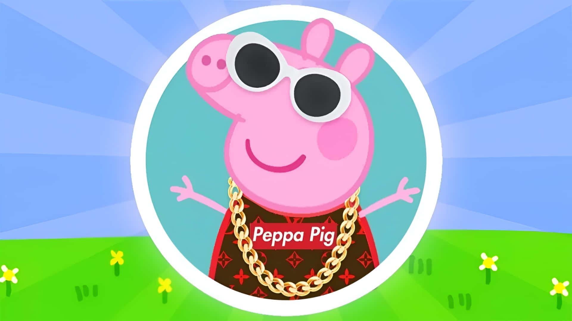  壁紙 — Peppa Pig 戴著超大太陽眼鏡和金色鏈條，背景是明亮的藍天和帶有黃花的綠草。
