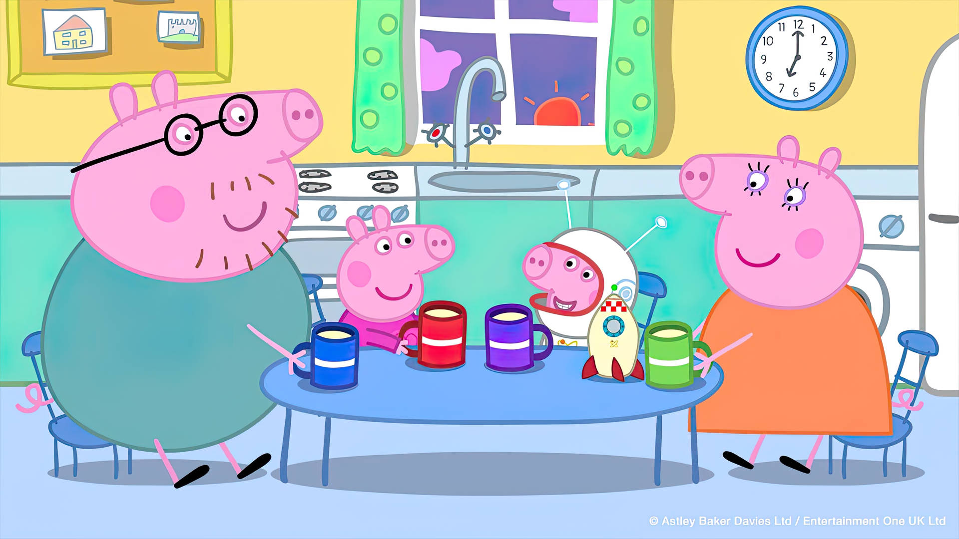 Peppa Pig 一家在帶有火箭玩具的卡通廚房裡喝茶。 — 小豬佩奇的家 壁紙