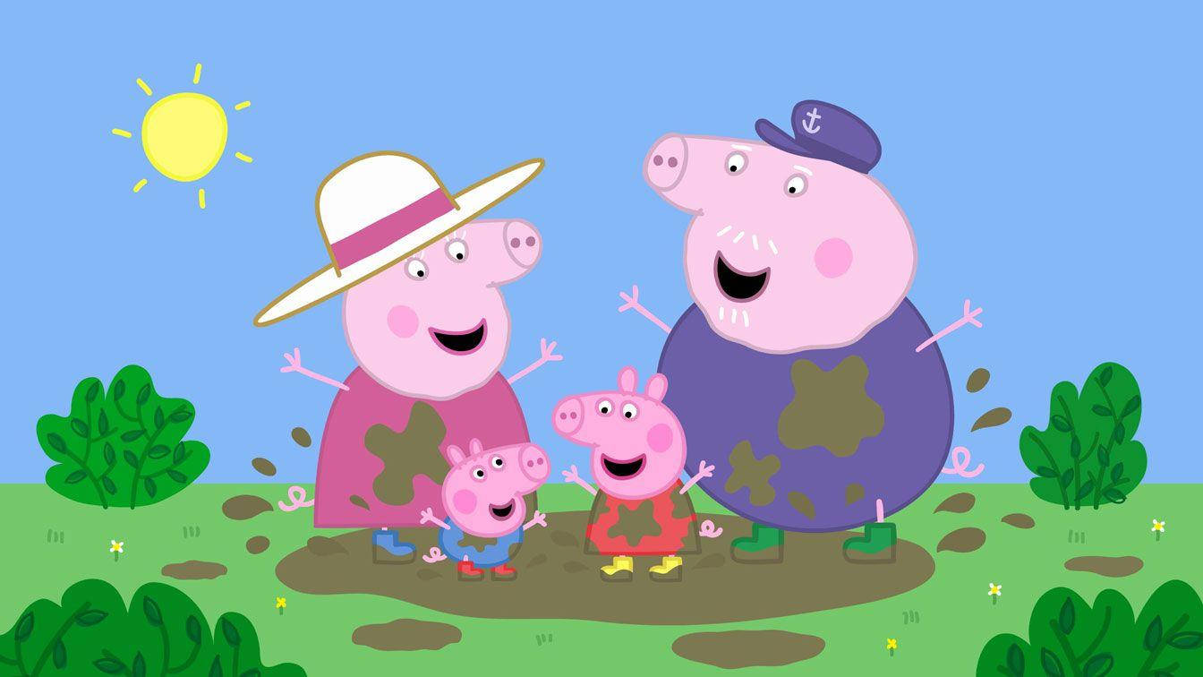 peppa pig desktop 桌布 壁紙 — Peppa Pig 一家喺陽光普照下嘅綠色田野入面，同灌木叢一齊開心咁沾滿泥巴。