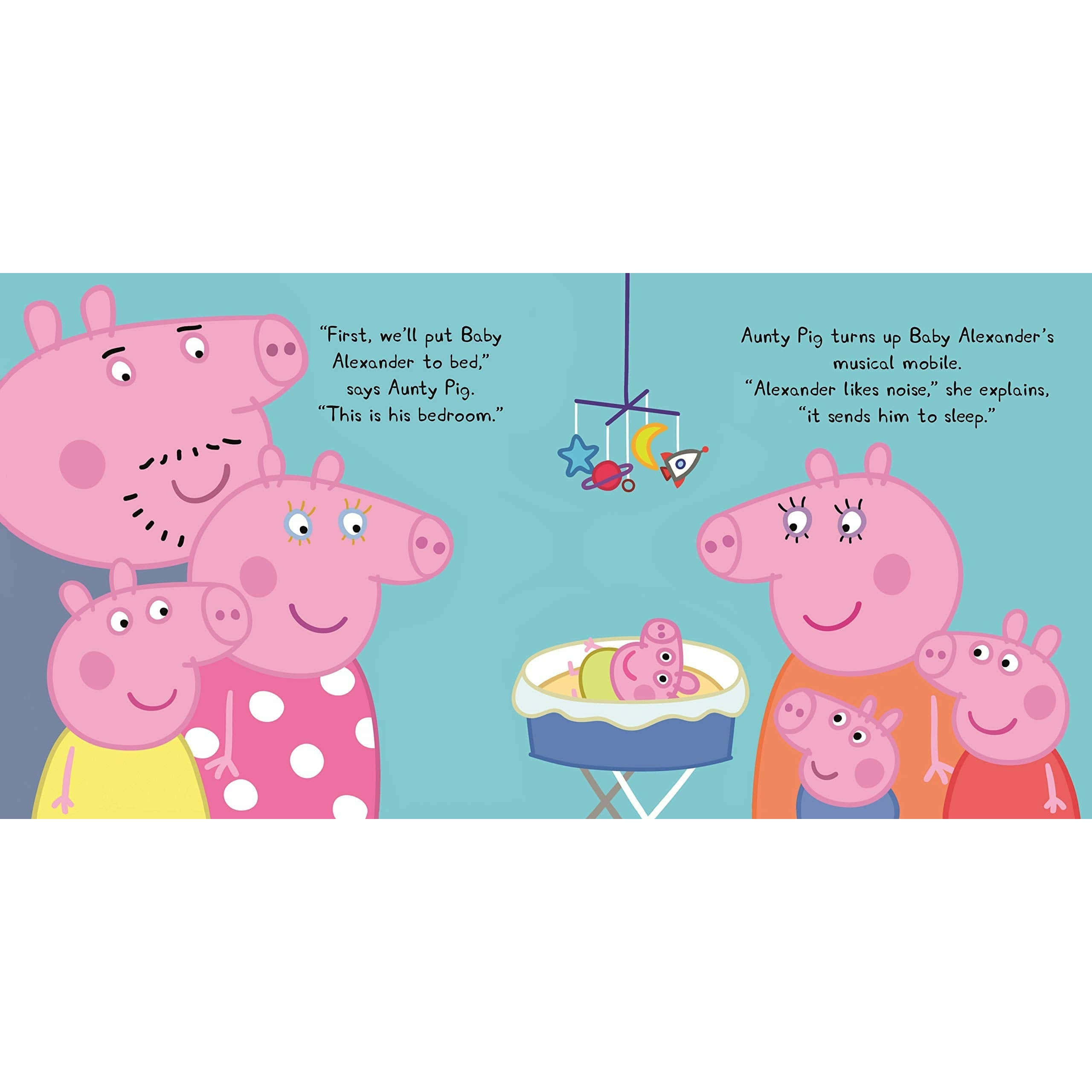 Baby Alexander 桌布 壁紙 — Peppa Pig 一家聚集在嬰兒亞歷山大的嬰兒床周圍，豬阿姨在他嘅嬰兒房開著佢嘅音樂吊飾。
