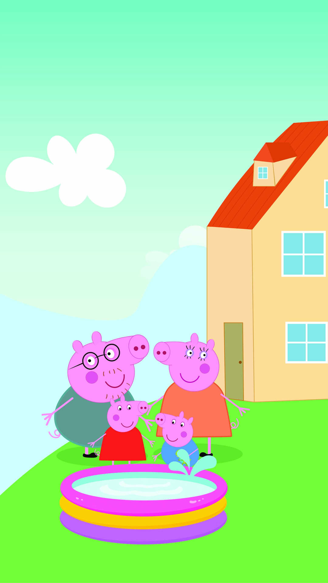 Peppa Pig 一家喺屋前嘅充氣泳池玩