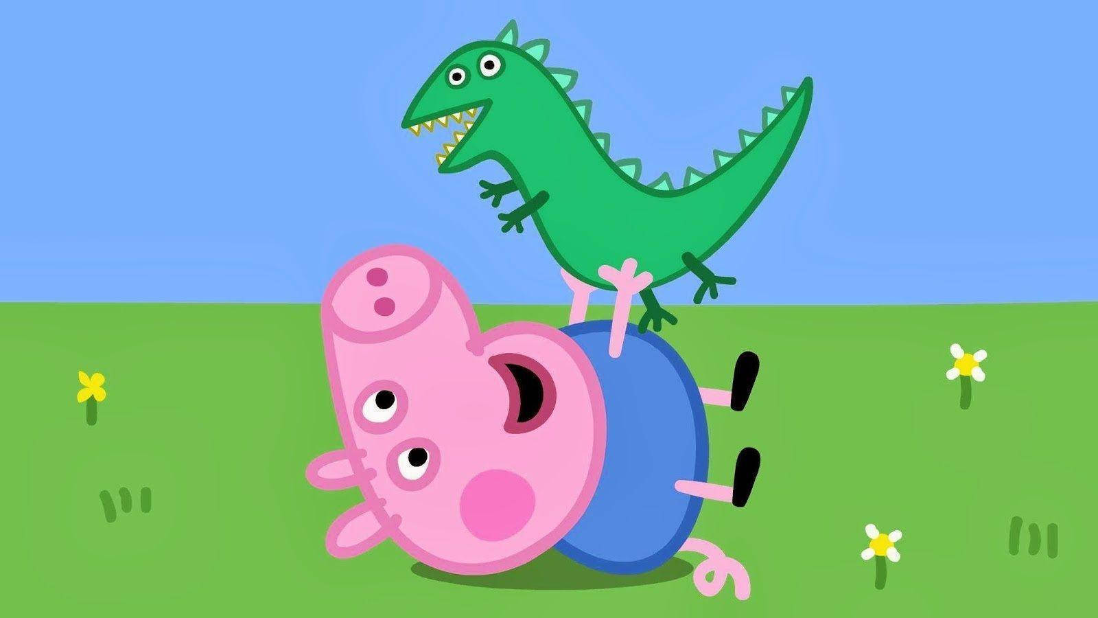 可愛恐龍 桌布 壁紙 — Peppa Pig 仰臥大笑，一隻綠色恐龍頑皮地站在她的肚子上，在陽光明媚的草地上。