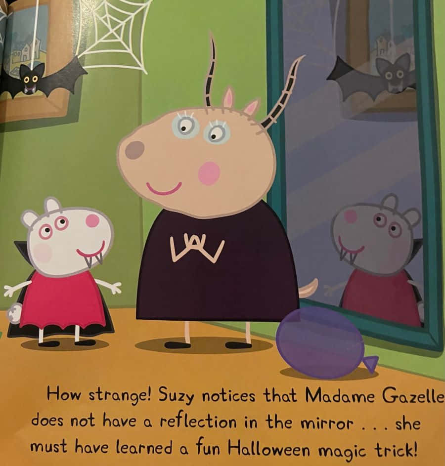 Madame Gazelle 桌布 壁紙 — Peppa Pig 同 Suzy Sheep 扮成吸血鬼，企喺一個有蝙蝠同冇反射嘅鏡嘅綠色房入面。