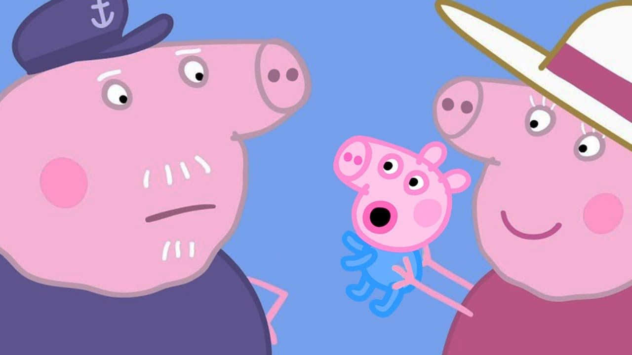 Grandpa Pig 桌布 壁紙 — Peppa Pig 同佢嘅家人喺一個明亮嘅藍色背景上，Peppa 睇起嚟好驚訝。