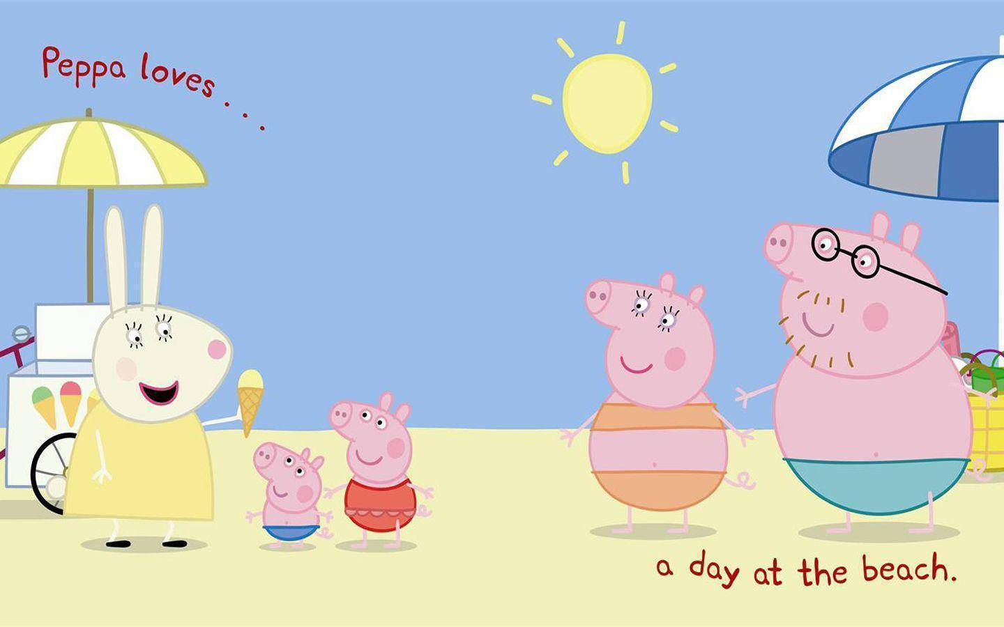 小豬佩奇 桌布 壁紙 — Peppa Pig 同家人喺條紋遮陽傘下同雪糕小販一齊享受陽光海灘日。