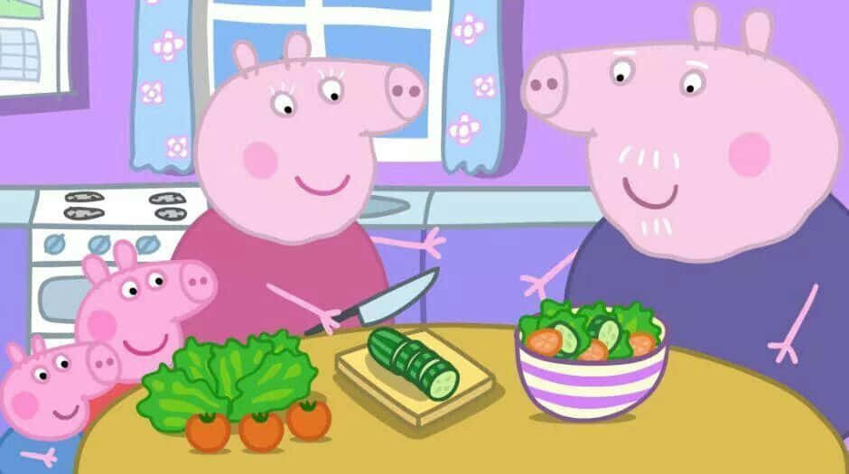 Granny Pig 桌布 壁紙 — Peppa Pig 同家人喺色彩繽紛嘅廚房開心準備新鮮蔬菜。