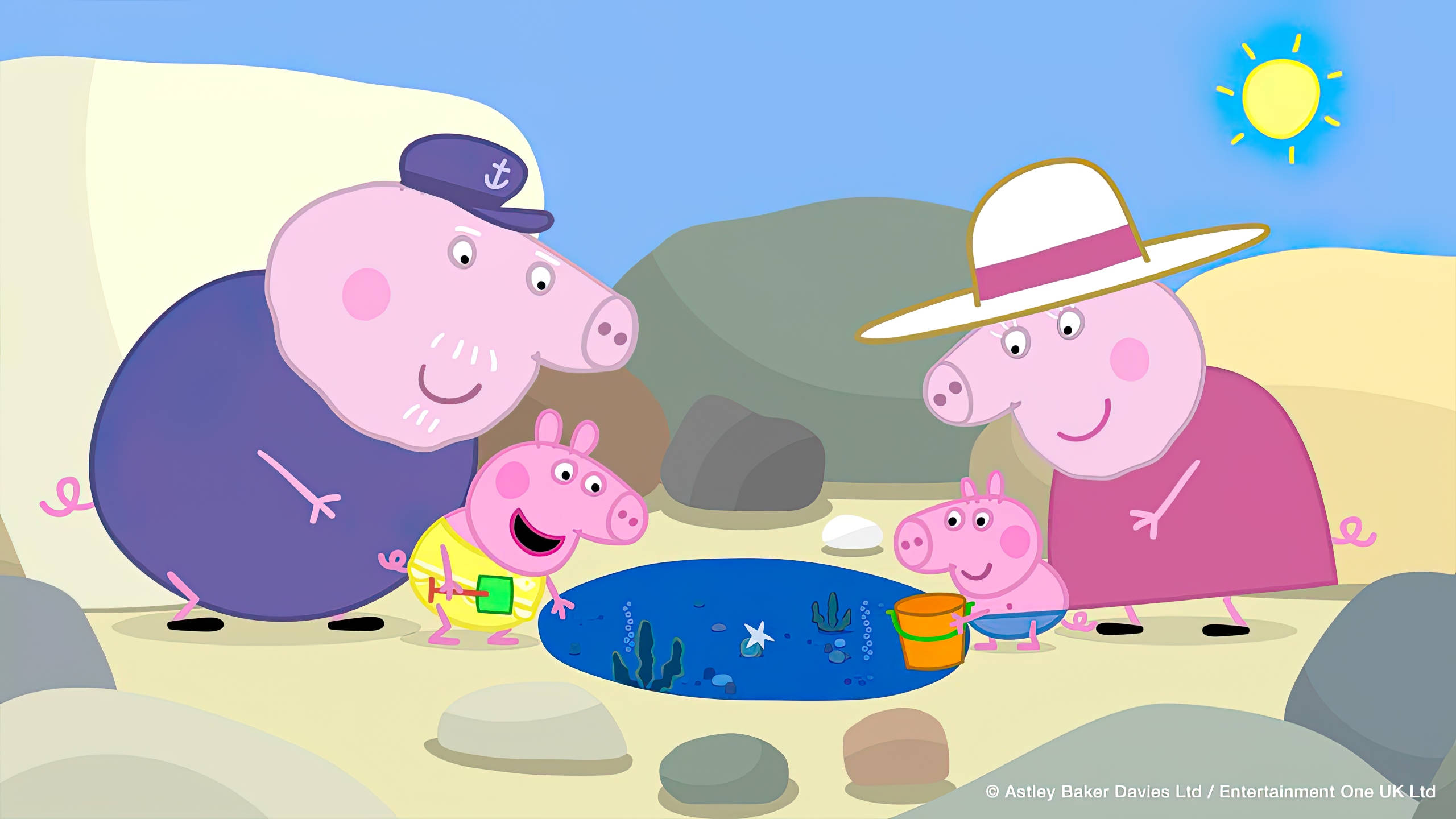 peppa pig tablet 桌布 壁紙 — Peppa Pig 同家人開心噉探索一個有細小水池同岩石嘅陽光海灘。