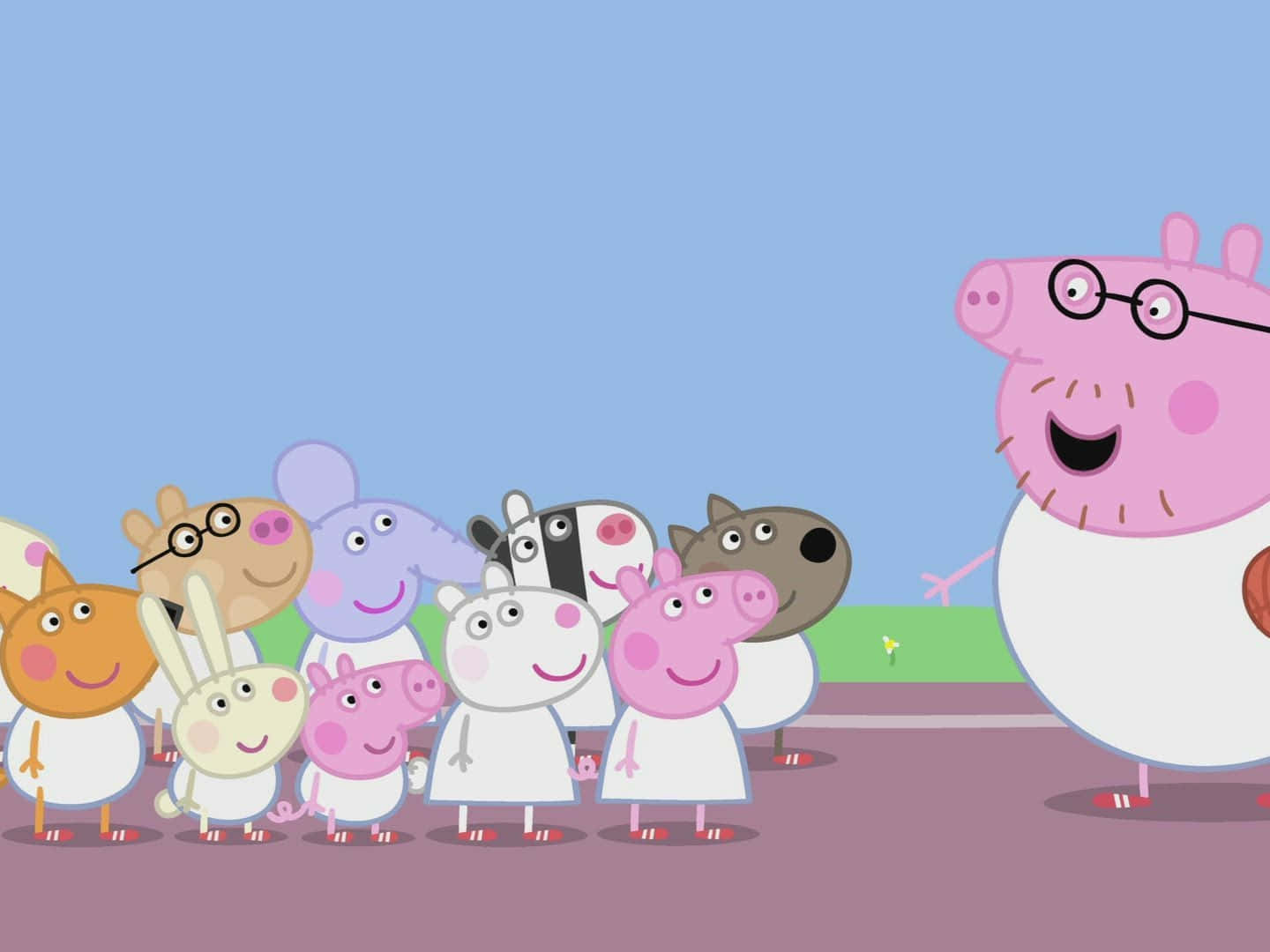 Freddy Fox 桌布 壁紙 — Peppa Pig 同朋友仔著住白色裙，喺晴朗嘅藍天下微笑，Daddy Pig 開心咁揮手。