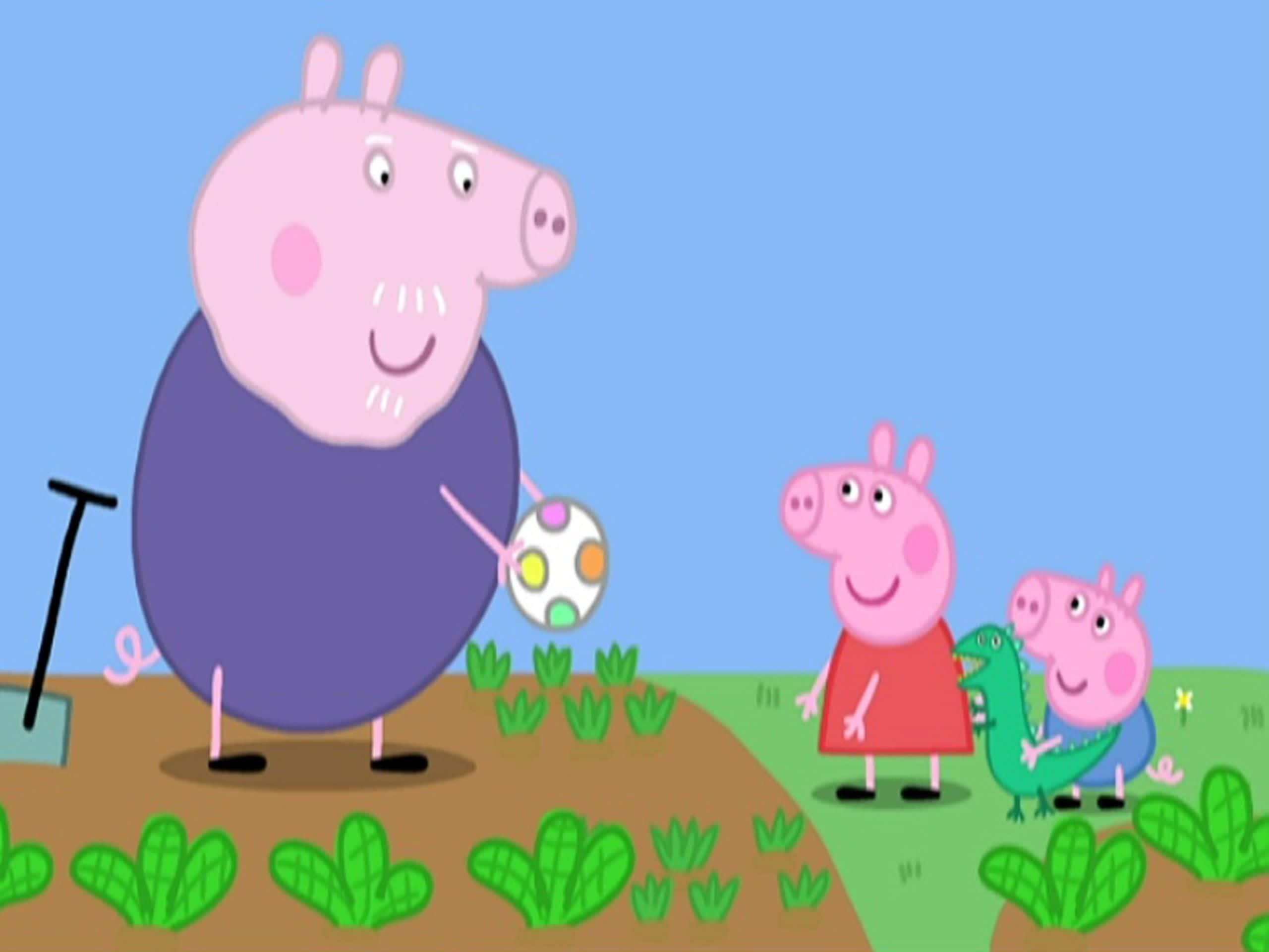 Grandpa Pig 桌布 壁紙 — Peppa Pig 和她的家人在陽光明媚的花園裡玩足球，花園裡有綠色植物和晴朗的藍天。