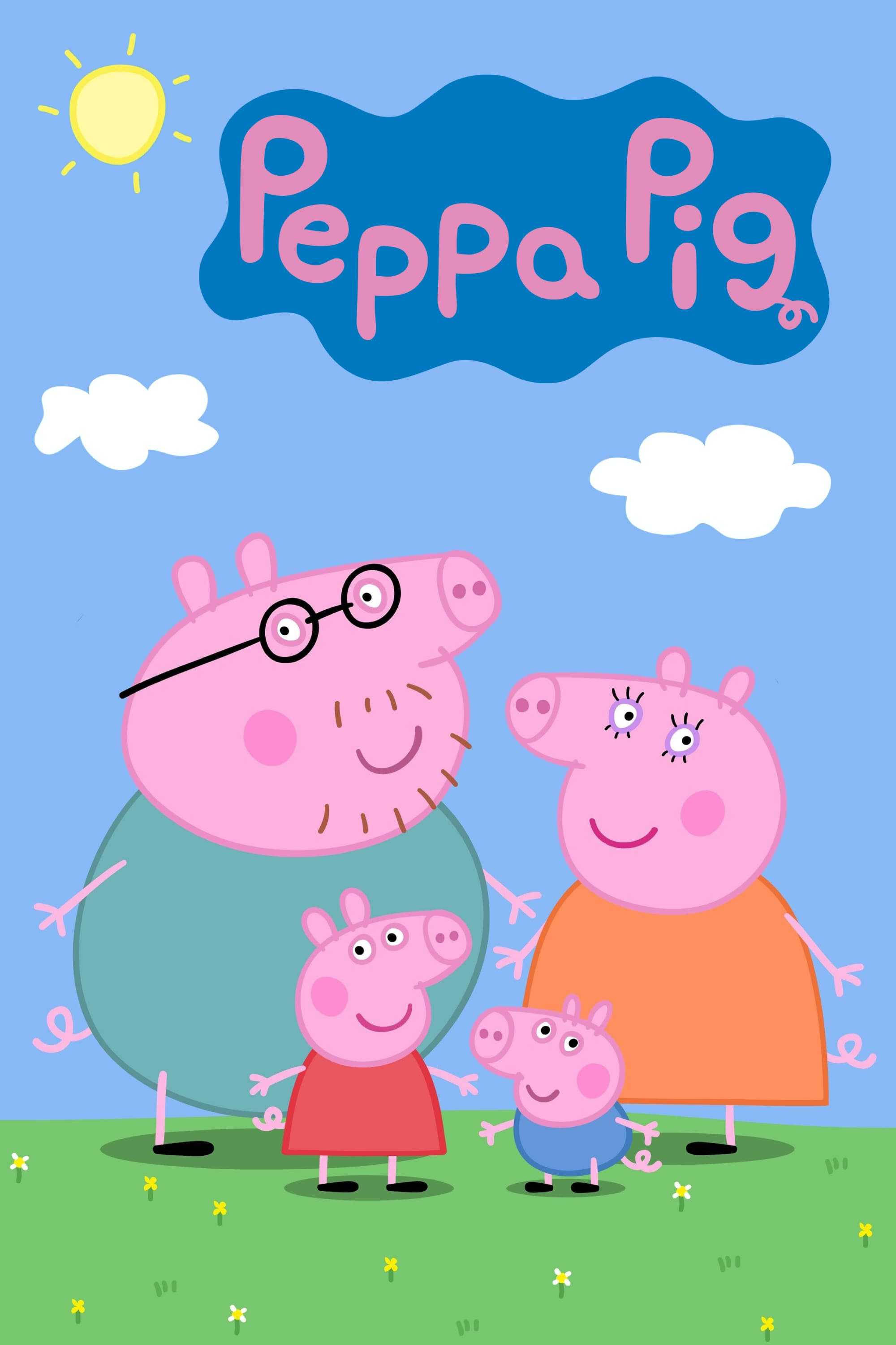 小豬佩奇 桌布 壁紙 — Peppa Pig 和她的家人站在陽光明媚的草地上微笑，藍天白雲，還有一個黃色的太陽。