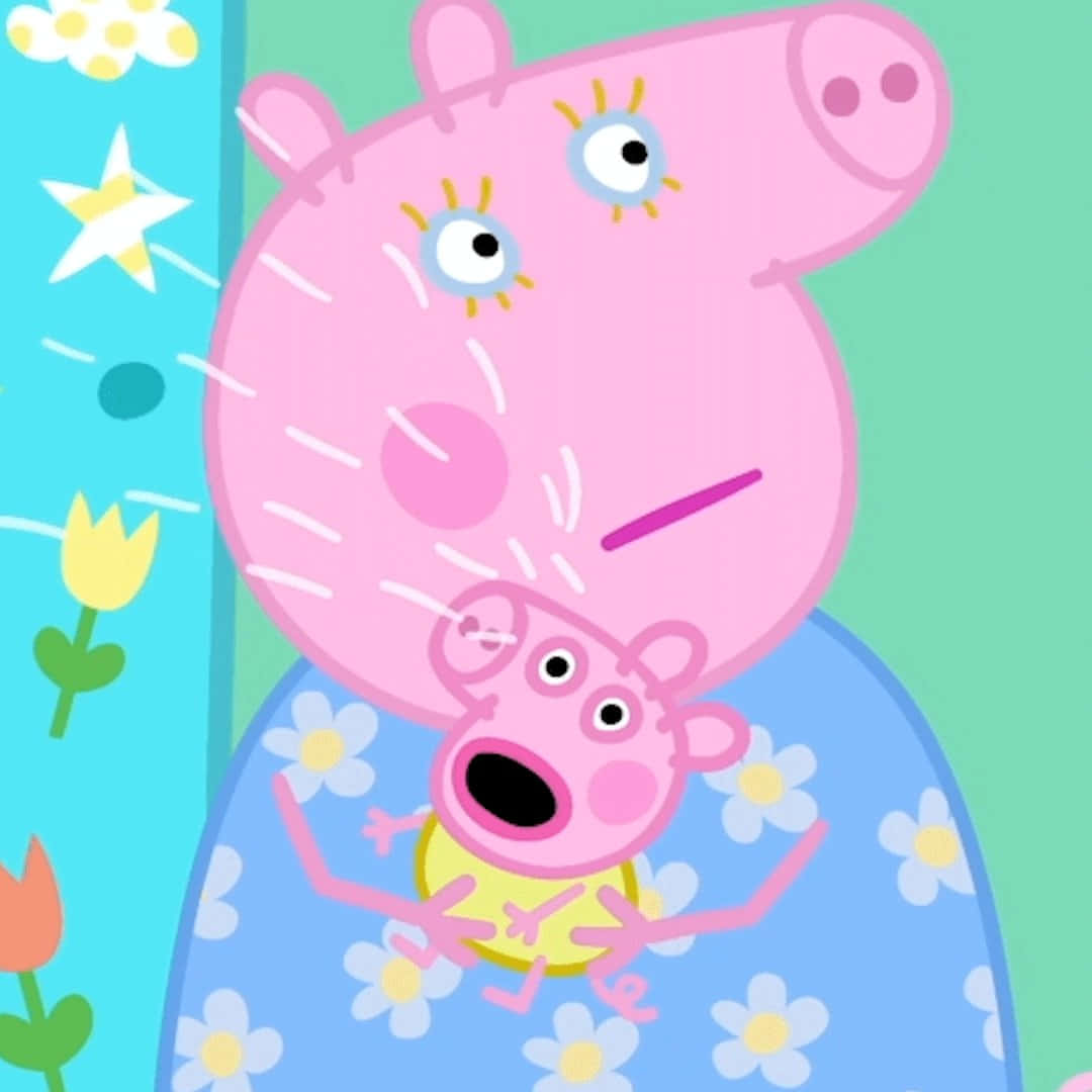 Baby Alexander 桌布 壁紙 — Peppa Pig 和她的母親以卡通風格展現，帶有歡樂的表情，背景是花卉圖案。