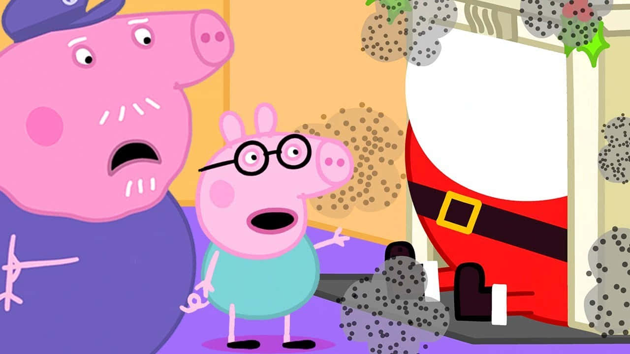 Grandpa Pig 桌布 壁紙 — Peppa Pig 和她的父親看起來很震驚，因為聖誕老人的雪橇撞進了他們的客廳。