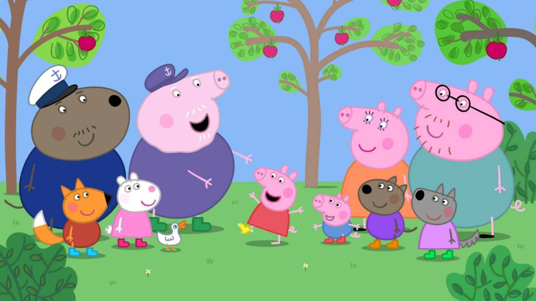 小豬佩奇 桌布 壁紙 — Peppa Pig 和朋友們在明亮的卡通森林場景中，愉快地聚集在蘋果樹下。