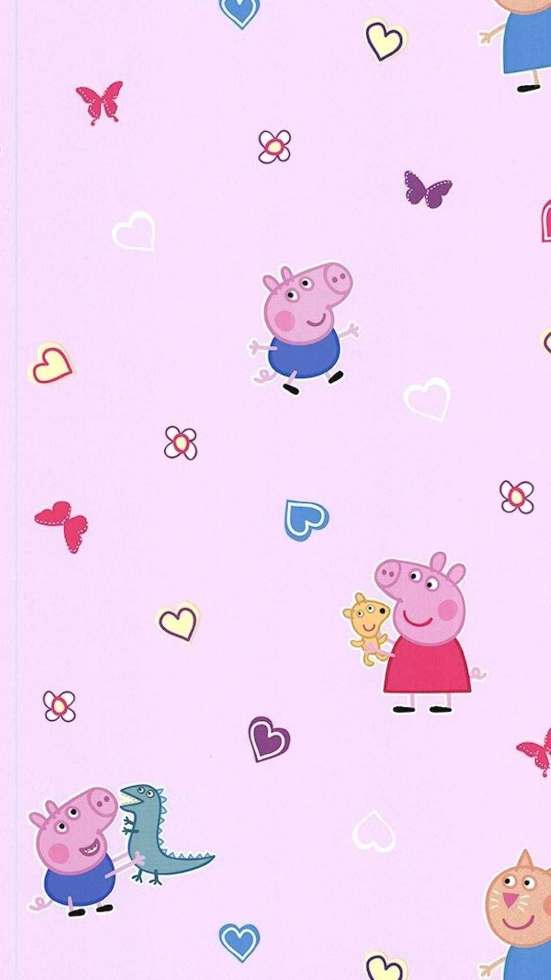粉紅色背景上帶有心形和蝴蝶的 Peppa Pig 角色 — 可愛粉紅 壁紙