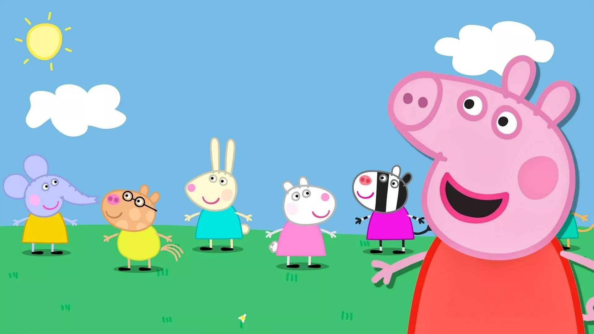 卡通 桌布 壁紙 — Peppa Pig 和朋友們在陽光明媚的綠色田野上，在藍天白雲下開心地微笑。