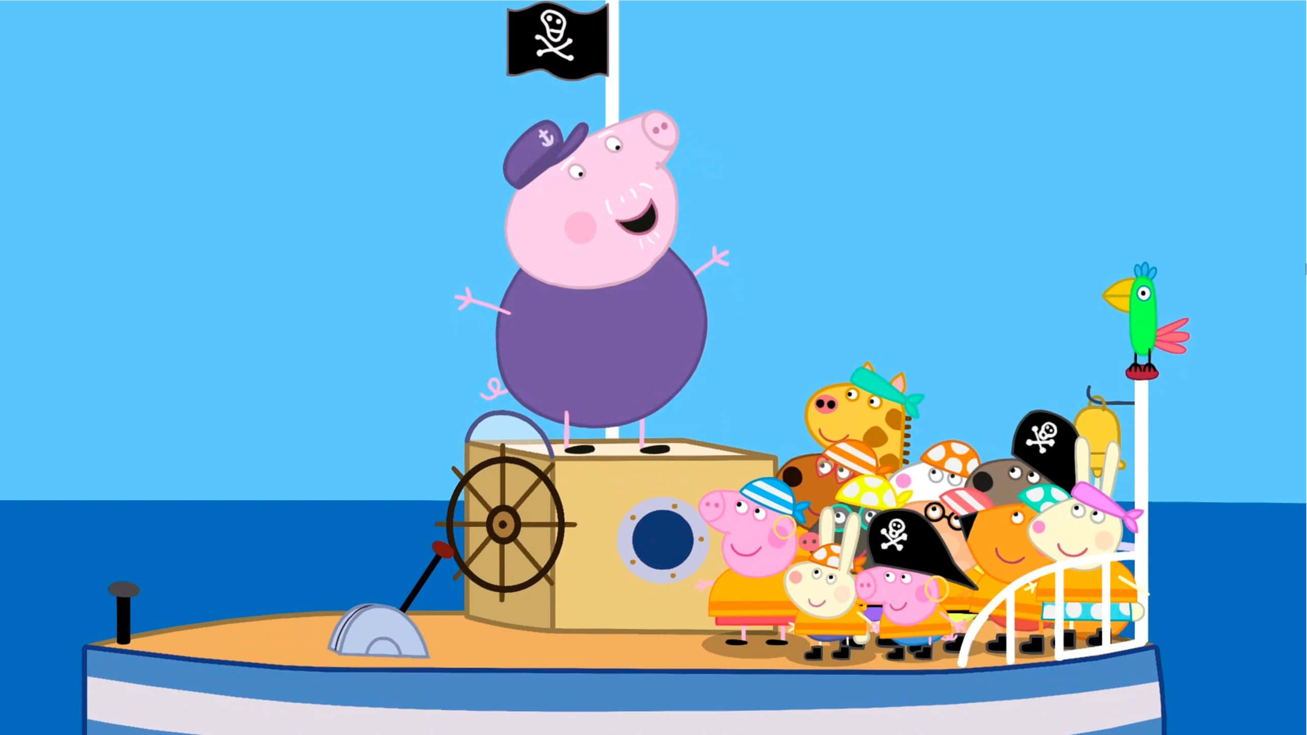 Grandpa Pig 桌布 壁紙 — Peppa Pig 和朋友們打扮成海盜，在晴朗的藍天下愉快地乘坐卡通船航行。