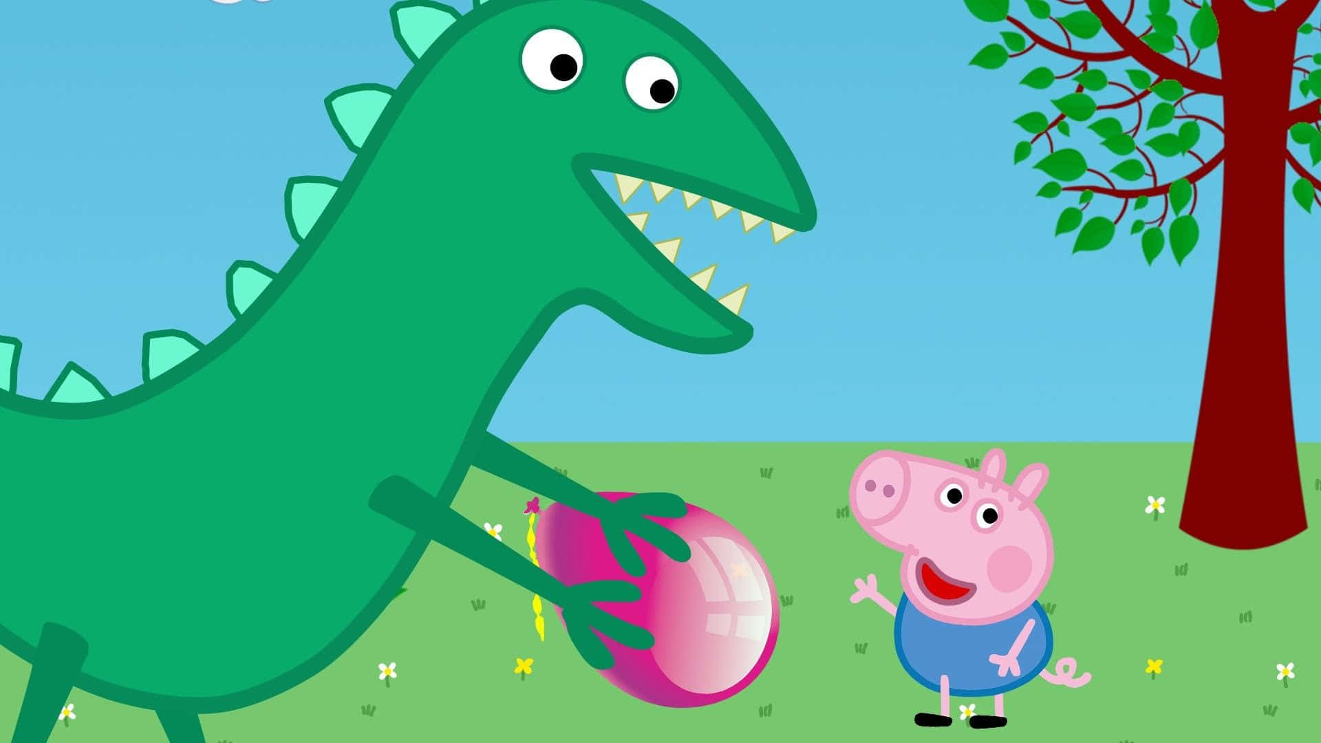 George Pig 桌布 壁紙 — Peppa Pig 喺一個有樹嘅陽光草地上面，對住一隻拎住粉紅色波嘅友善綠色恐龍微笑。