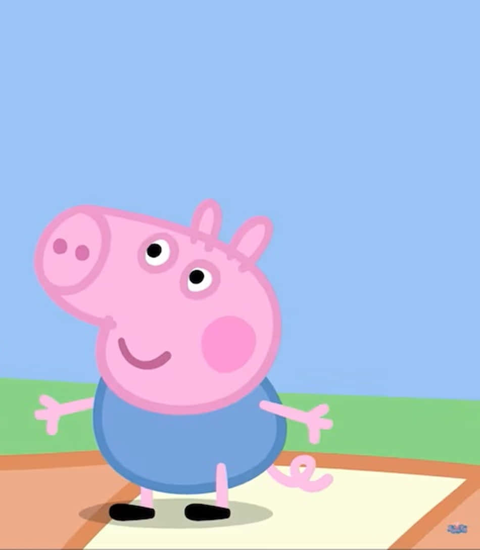 George Pig 桌布 壁紙 — Peppa Pig 喺一條小路上開心咁企喺度，雙臂伸展，背景係晴朗嘅藍天同綠草。