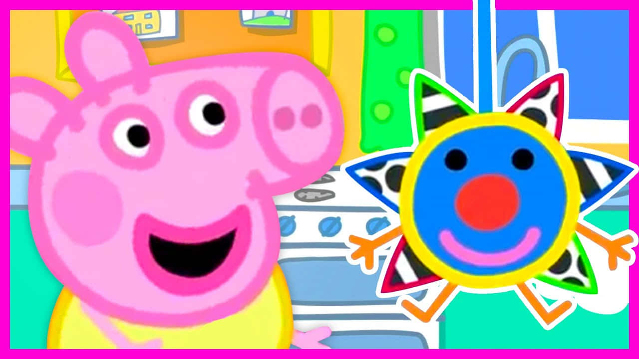 Baby Alexander 桌布 壁紙 — Peppa Pig 喺明亮嘅卡通房間入面，喺一個色彩繽紛嘅星星形小丑角色旁邊微笑。
