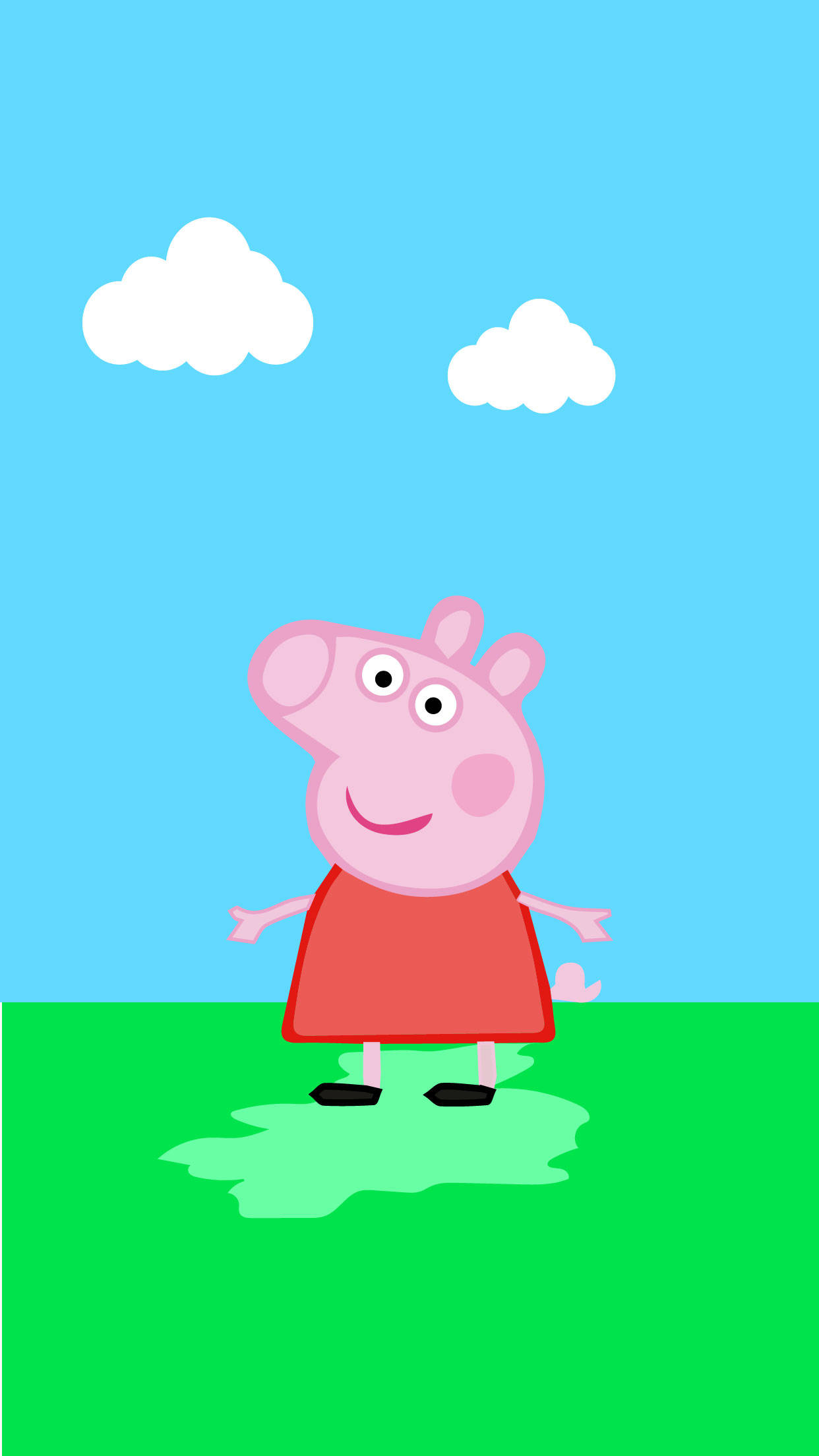 可愛 桌布 壁紙 — Peppa Pig 喺晴朗嘅藍天下，企喺綠色嘅田野上，開心咁企喺兩朵蓬鬆嘅白雲下面。