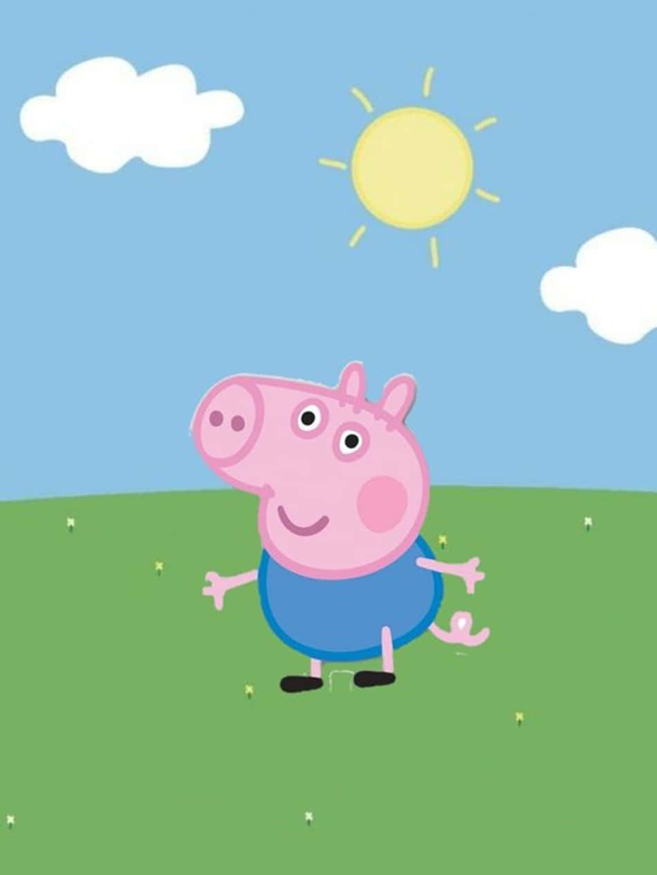George Pig 桌布 壁紙 — Peppa Pig 喺晴朗嘅藍天白雲同明亮嘅黃色太陽底下，開心咁企喺綠色嘅草地上。