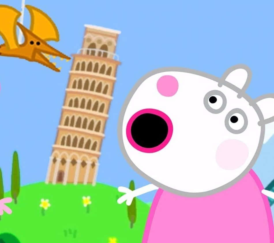 Suzy Sheep 桌布 壁紙 — Peppa Pig 喺比薩斜塔附近，喺晴朗嘅藍天下，震驚咁望住一隻飛緊嘅恐龍。