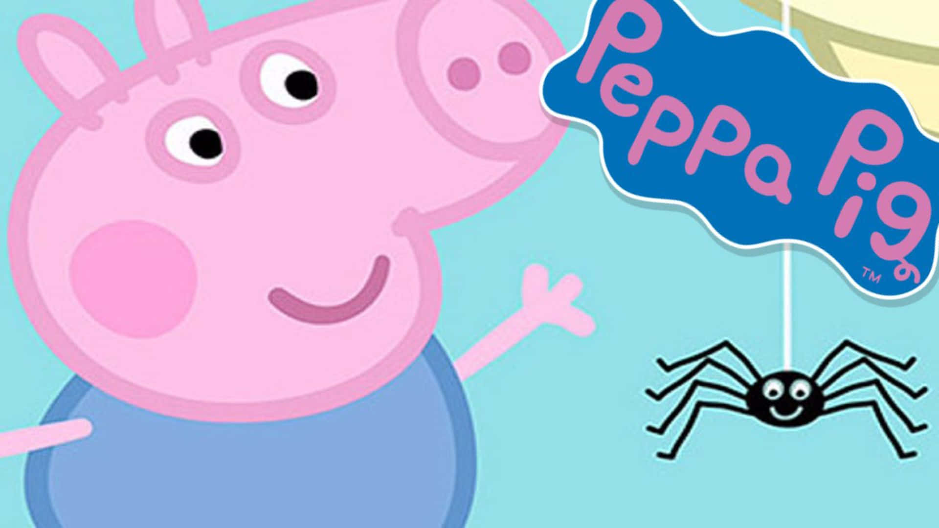 George Pig 桌布 壁紙 — Peppa Pig 喺淺藍色背景前，喺微笑嘅蜘蛛同佢嘅節目標誌旁邊開心地微笑。