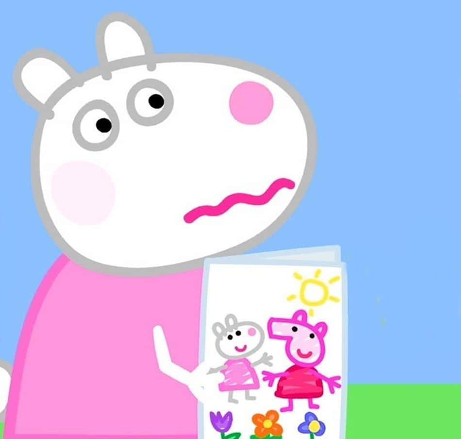 Suzy Sheep 桌布 壁紙 — Peppa Pig 喺藍天背景下，喺太陽同花下面舉起一幅色彩繽紛嘅畫，畫中有佢自己同一個朋友。