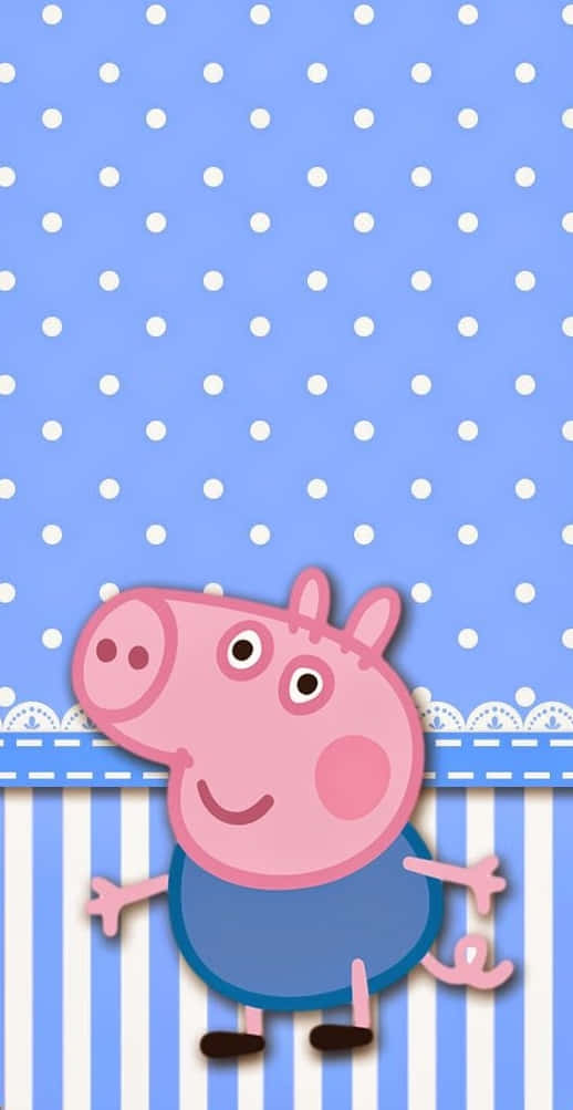 George Pig 桌布 壁紙 — Peppa Pig 喺藍色圓點同條紋背景上開心咁笑。