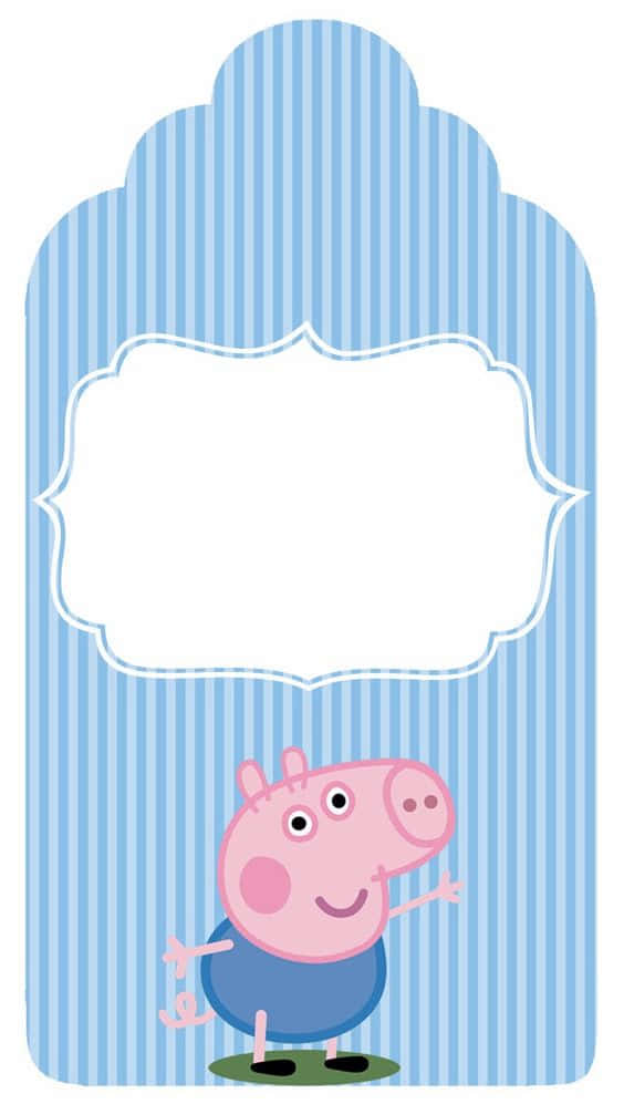 George Pig 桌布 壁紙 — Peppa Pig 喺藍色條紋禮物標籤上開心咁笑，有個白色扇貝形標籤空間。
