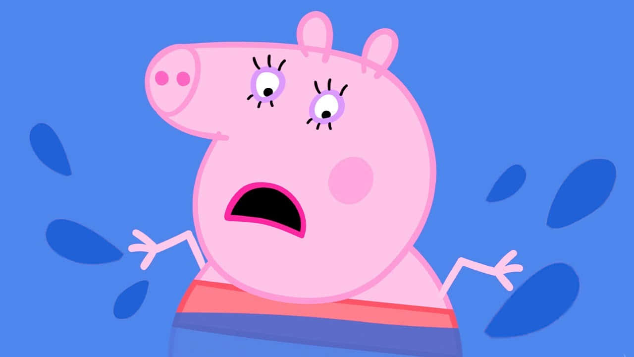Mummy Pig 桌布 壁紙 — Peppa Pig 喺藍色背景上，有水珠，瞪大眼、張開嘴，顯得好震驚。