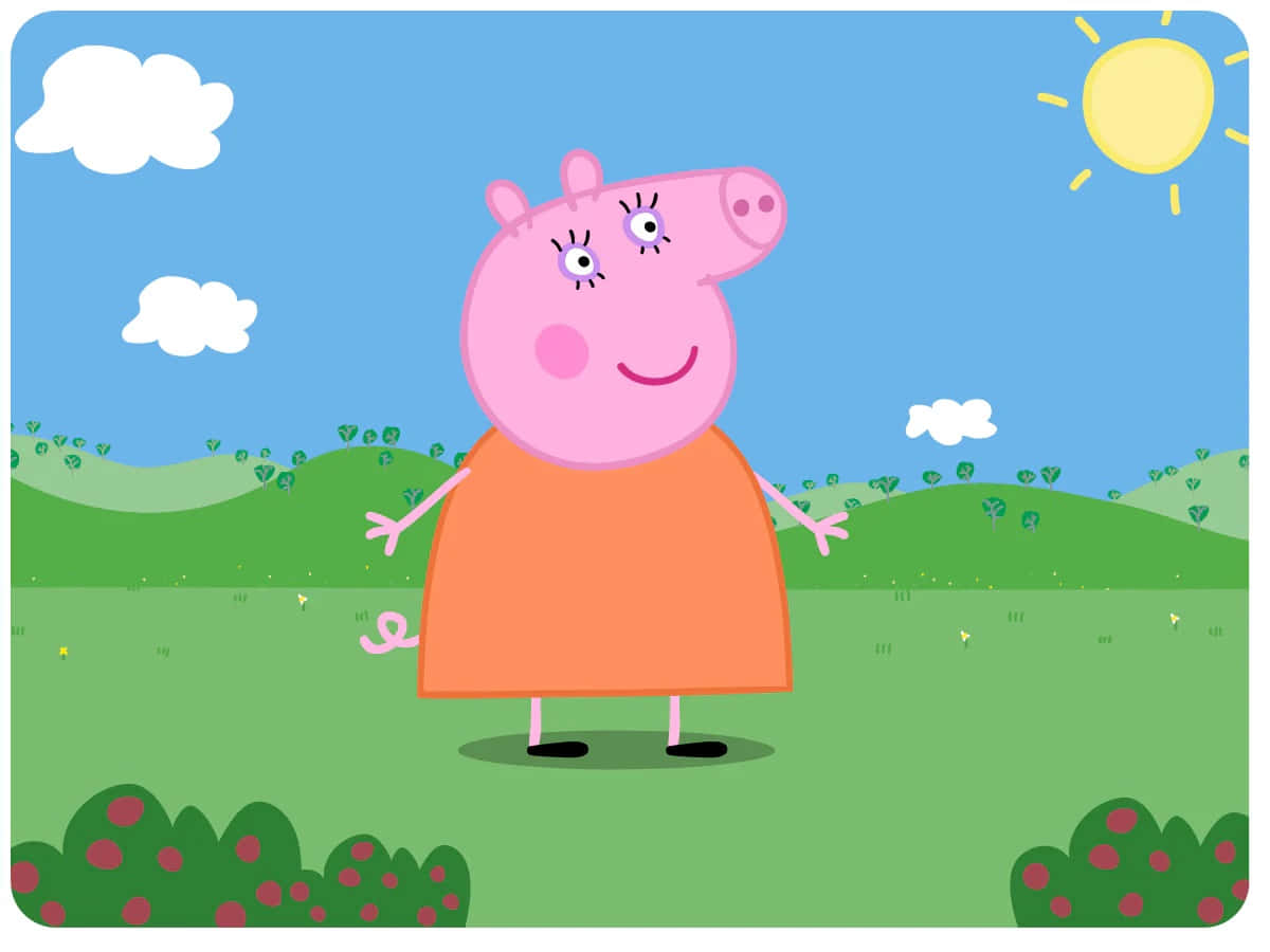 Mummy Pig 桌布 壁紙 — Peppa Pig 喺陽光普照嘅綠色田野入面，喺有 fluffy 雲同微笑太陽嘅明亮藍天下開心咁企喺度。
