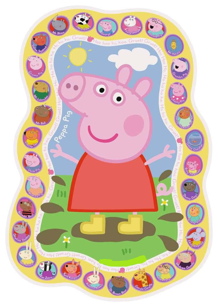 Madame Gazelle 桌布 壁紙 — Peppa Pig 喺陽光普照嘅天空下，企喺泥濘嘅田野入面，周圍有圓形角色肖像圍住，好開心。