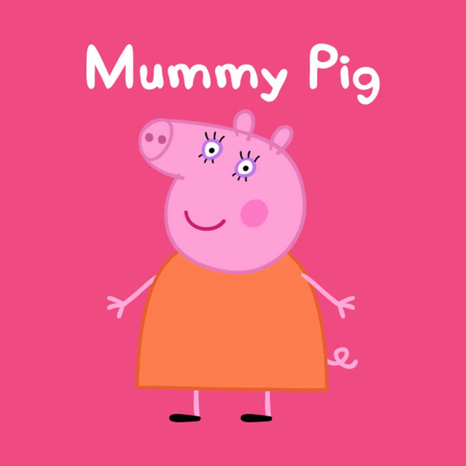 Mummy Pig 桌布 壁紙 — Peppa Pig 嘅 Mummy Pig 喺純粉紅色背景前，著住橙色連身裙開心咁笑。
