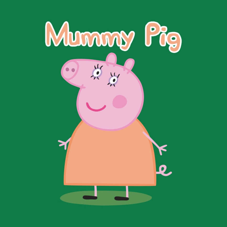 Mummy Pig 桌布 壁紙 — Peppa Pig 嘅媽咪豬喺純綠色背景前，著住橙色連身裙開心咁笑。